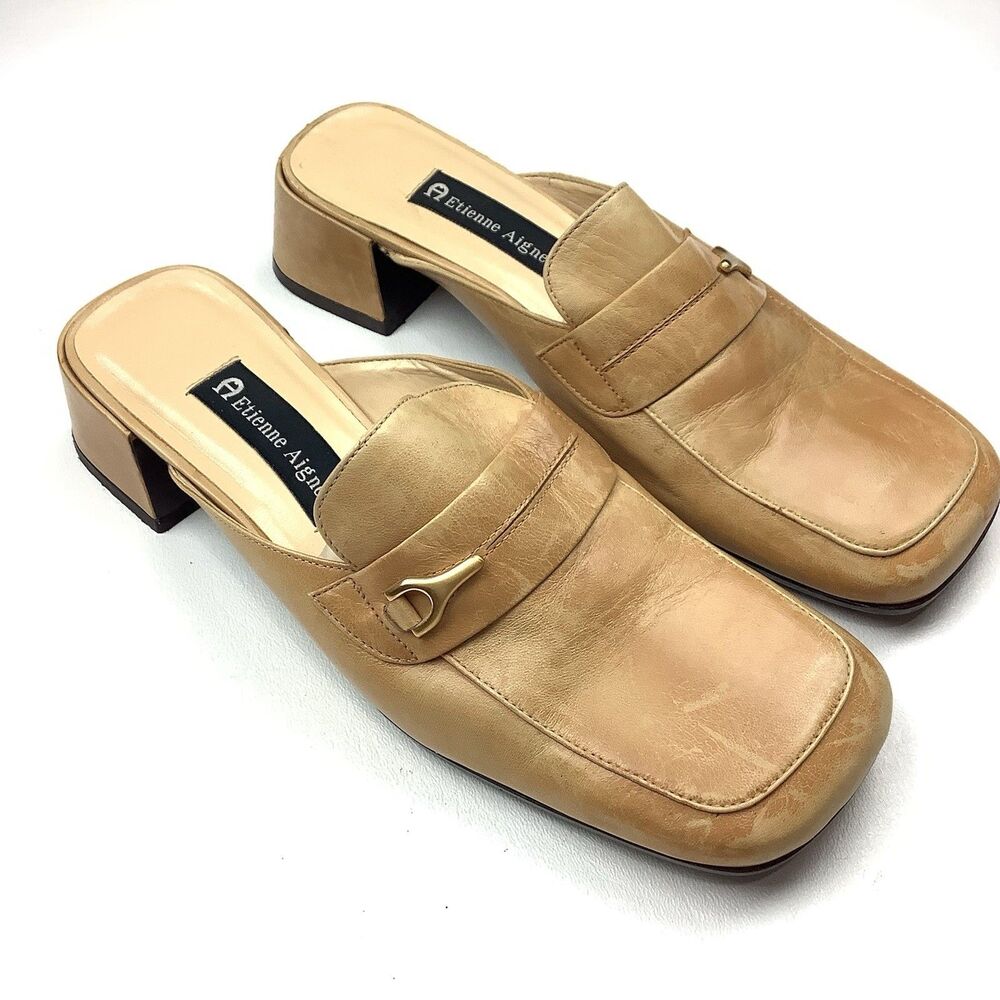 Etienne Aigner Tan Leather Mule Heeled Shoes Slip On Square Toe Women Size 8 Y2K